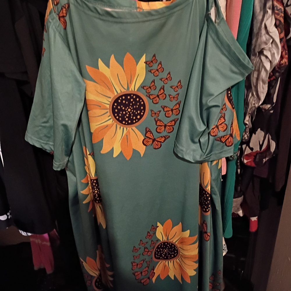 Teal Sunflower Print Mini Dress with Butterfly Accents